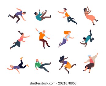 Falling people. Stumbling and slipped women and men different poses, dangerous traumatic situations, common accidents on walk. Vector set - Shutterstock ID 2021878868