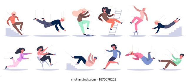 Falling people. Stumbling, slipping, falling down stairs, ladder and altitude characters. unbalance people with Bad luck falling down vector illustration set. slippery danger attention concept.
