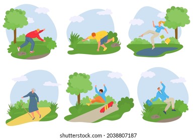 Falling people, vector illustration, man woman character fall down outdoor at park, young person tripped over stone, slip at puddle.