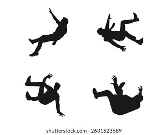 Falling people's silhouette vector art. Slender black people falling down from sky vector illustration collection. Vector illustration. black silhouette is isolated on a white background.