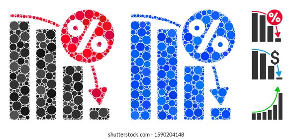 Falling percent bar chart mosaic of filled circles in various sizes and color tones, based on falling percent bar chart icon. Vector random circles are composed into blue mosaic.