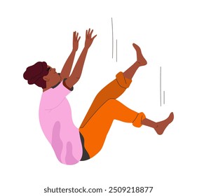 Falling person concept. Man in sky with clouds. Relaxation and freedom. Young guy with dream and weightlessness. Poster or banner. Flat vector illustration isolated on white background