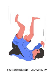 Concepto de persona que cae. El hombre en el cielo se cae. Relajación y libertad. Joven con sueño e imaginación. Pegatina para redes sociales. Ilustración vectorial plana aislada sobre fondo blanco