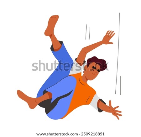Falling person concept. Man in sky fall down. Relaxation and freedom. Young guy with dream and weightlessness. Hovering and soaring. Flat vector illustration isolated on white background