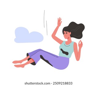 Falling person concept. Woman in sky with clouds. Relaxation and freedom, wellbeing. Young girl with dream and weightlessness. Flat vector illustration isolated on white background