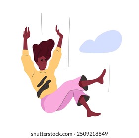 Falling person concept. Woman in sky near clouds. Relaxation and freedom. Young girl with dream, fantasy and imagination. Flat vector illustration isolated on white background