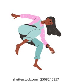 Concepto de persona que cae. Mujer en el cielo se cae. Relajación y libertad. Chica joven con sueño e imaginación. Pegatina de medios sociales. Ilustración vectorial plana aislada sobre fondo blanco