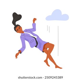 Falling person concept. Woman in sky near clouds. Relaxation and freedom. Young girl with dream and imagination. Poster or banner. Flat vector illustration isolated on white background