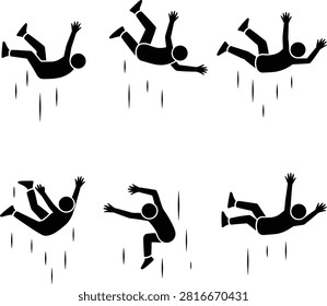 Falling person silhouettes, freefall motion, dynamic human poses, vertical descent, speed lines, vector illustration, black icons, dramatic action, movement