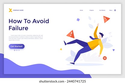 Falling person surrounded by caution signs. Concept of business or entrepreneurship failure, defeat or fiasco, career crisis, fail at work. Modern flat colorful vector illustration for landing page