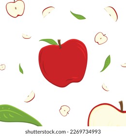 Falling pieces of apple, Halves and quarter apples falling, Leaves of apple, apples.