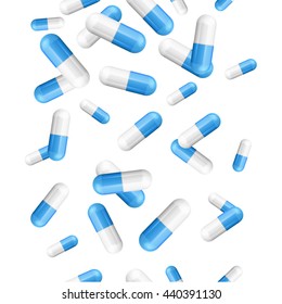 Falling Pills Capsules Medicine Background Pattern on White. Vector illustration