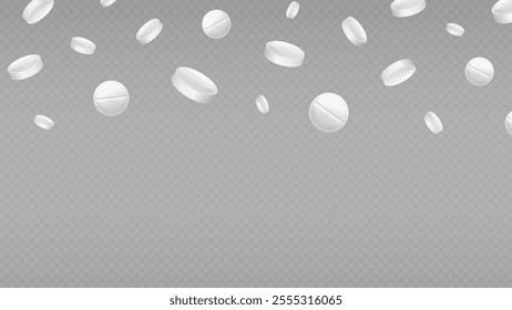 Falling pills. Realistic drugs, antibiotics or aspirin banner. White antibiotic, pill vitamin, capsule. Pharmacy background with tablets. Vector EPS 10