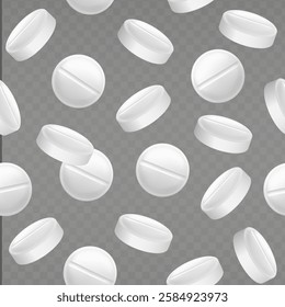 Falling pills. Realistic drugs, antibiotics or aspirin banner. White antibiotic, pill vitamin, capsule. Pharmacy background with tablets. Vector EPS 10