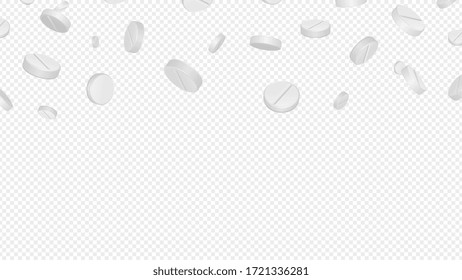 Falling pills. Realistic white drugs, antibiotics or aspirin banner. Pharmacy background with tablets. 3D virus killers vector illustration