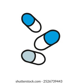 Fallende Pillen, Tabletten. Dosierungsmedizin, Medikament. Behandlung, Therapie Vitamine oder Antibiotika. Verhütungsmittel. Arzneimittel. Isoliertes Symbol. Flacher Stil mit Umriss. Farbige Vektorgrafik