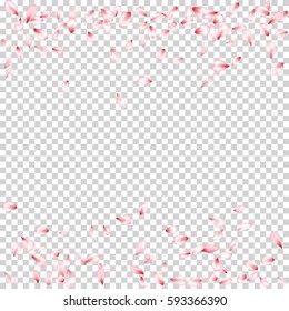 Falling Pink Flower Petal Confetti Vector. Floral isolated pattern on transparency white and grey grid background. Flying spring blossom elements, cherry bloom parts. Card design, border, text place.