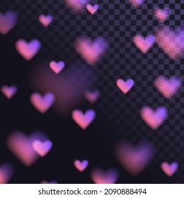 Falling pink hearts on transparent background with blur effect