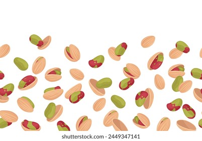 Falling pistachio nuts border. Cartoon pistachios pattern, salty popping nuts snack flat vector background illustration. Flying pistachio nuts on white