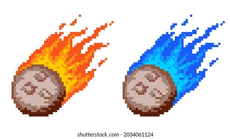 Asteroide de píxeles en llamas. Fuerte meteorito que brilla con el brillante núcleo de fuego de plasma rojo y azul después de una fuerte explosión con chispas vectoriales de 8 bits