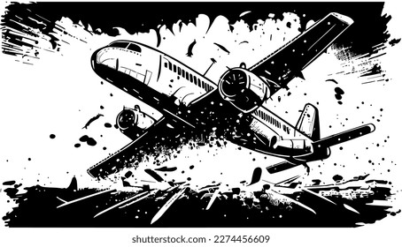 Falling plane vector black line illustration isolated white. Sketch art