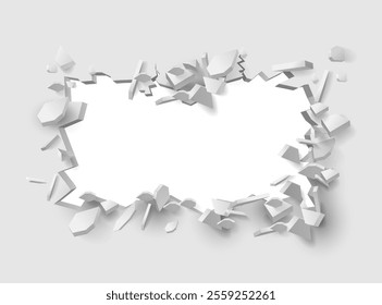 Falling plaster and brick on broken wall revealing empty blank copy space. Vector isolated realistic construction with empty place, mockup with breach or fracture, and cracks in building