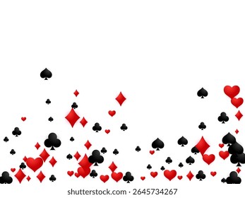 Falling playing card suits vector background. Ideal for game related content. Dispersed card suit icons. Abstract pattern. Fun and entertainment visual.