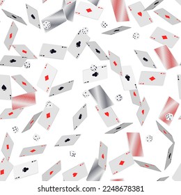 Falling playing cards and dice cubes on white. Seamless pattern with falling playing cards with symbols of diamonds, clubs, hearts, spades and isometric white play dice cubes with black dot. Vector