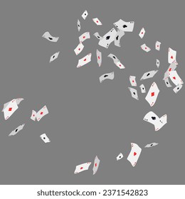 Falling playing cards on grey. Pattern with falling playing cards with symbols of diamonds, clubs, hearts and spades. Vector illustration for casino, game design, advertising, ads of parties