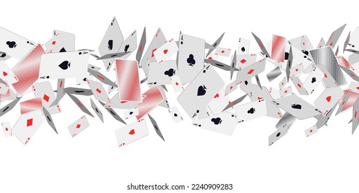 Falling playing cards on white. Seamless pattern with falling playing cards with symbols of diamonds, clubs, hearts and spades. Vector illustration for casino, game design, advertising, ads of parties