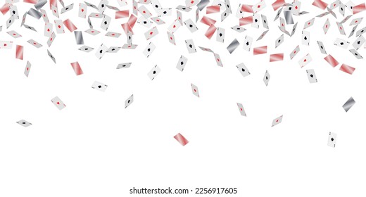 Falling playing cards on white. Seamless pattern with falling playing cards with symbols of diamonds, clubs, hearts and spades. Vector illustration for casino, game design, advertising, ads of parties