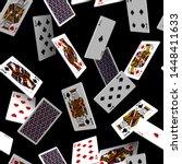 Falling playing cards seamless pattern isolated on black backgroun. Original design in three dimensional style. Vector illustration
