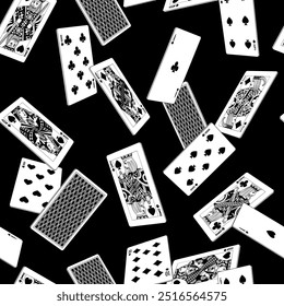 Falling playing cards seamless pattern on black background. Original design in 3d black and white linear style. Vector illustration