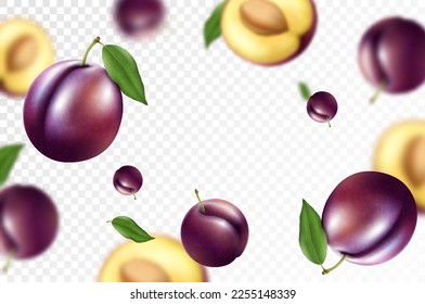 Falling plums, isolated on transparent background. Flying whole and sliced plum fruits with blurry effect. Can be used for advertising, packaging, banner. Realistic 3d vector illustration