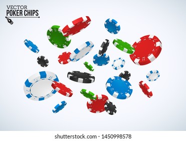 Falling poker chips isolated on light background. Vector illustration.