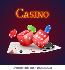 Falling poker chips and playing cards. Casino banner flyer background with dice. Gambling leisure casino template.