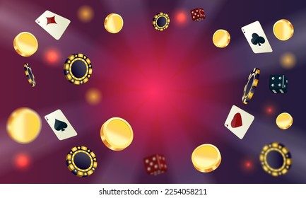 Caer fichas de póquer, fichas, fichas, cartas de juego, monedas de oro sobre fondo morado oscuro. Ilustración vectorial para casino, diseño de juegos, volante, afiche, banner, web, publicidad.
