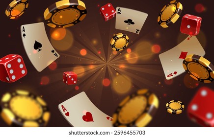 Falling poker chips, tokens, playing cards and dices on background