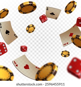Falling poker chips, tokens, playing cards and dices on background