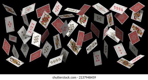 Falling poker playing cards, casino winner background. Realistic 3d flying card deck, joker, king, queen and ace. Blackjack vector concept. Diamonds, spades, hearts and clubs design