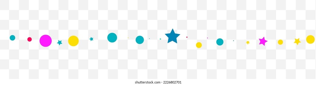 Falling Polka Fun Vector Transparent Panoramic Background. Festive Dot Card. Festival Circle and Star Texture. Color Confetti Top Wallpaper.