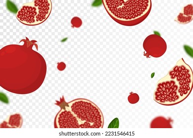 Falling pomegranate, isolated on transparent background. Flying whole and sliced pomegranates fruits with blurry effect. Can be used for advertising, packaging, banner. vector flat design