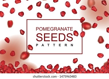 Falling pomegranate seeds pattern on white background. Realistic 3d vector illustration of of flying Red punica granatum juicy grains texture or backdrop with copyspace