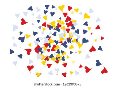Falling pop art doodle hearts confetti banner. Chaotically scattered colorful love symbols vector illustration. Funky blue, red, yellow hearts abstract background. Original Valentine's Day pattern