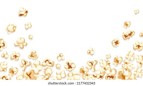 Falling popcorn background. Cartoon movie banner with fun cinema snacks of various shapes, framing cover with flying popping corn. Vector illustration of popcorn border frame