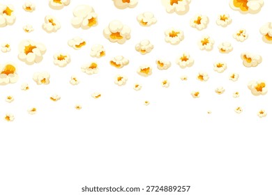 Caída de palomitas. Fondo de palomitas de maíz volador, granos de maíz pop cine teatro snack comida película Anuncio diseño dulce o salado popping maíz, Fondo de pantalla de dibujos animados kicky Ilustración vectorial