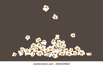 Falling popcorn. Movie premiere popular junk food. Cartoon cinema snack frame. Sweet or salty meal for watching films. Crunchy appetizer. Vector border with pile of roasted corn seeds