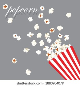 Falling popcorn in red and white Striped box .Vector illustration on grey background.