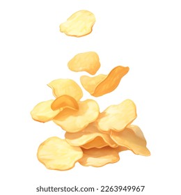 Falling Potato Chips Isolated Detailed Hand Drawn Painting Illustration