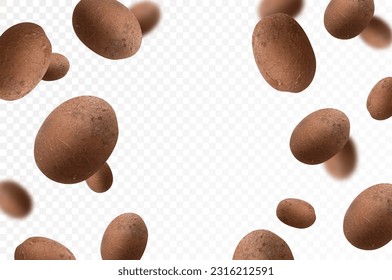 Falling potato, whole vegetables isolated on transparent background, selective focus. Realistic 3d vector illustration